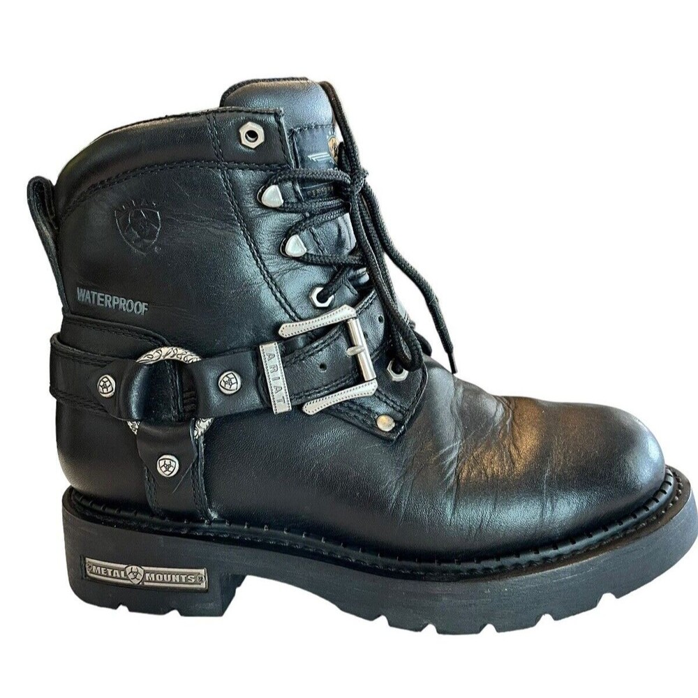 ARIAT Womens Sz 7 Motorcycle Boots Black Leather Buckle Harness Strap 36110